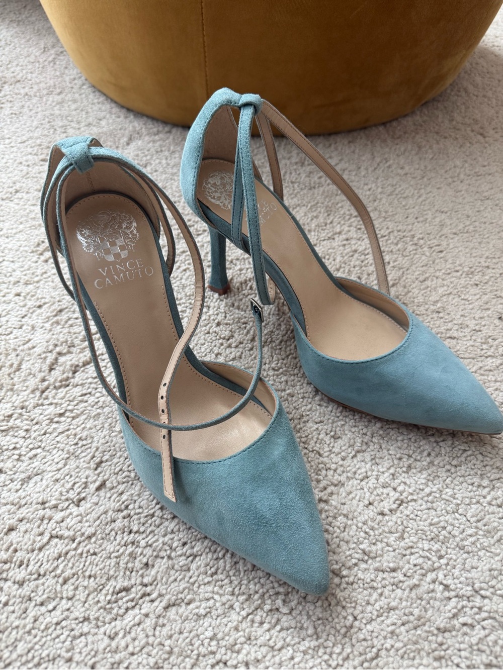 Vince Camuto Teal Suede Pointed-Toe Ankle-Strap Heels